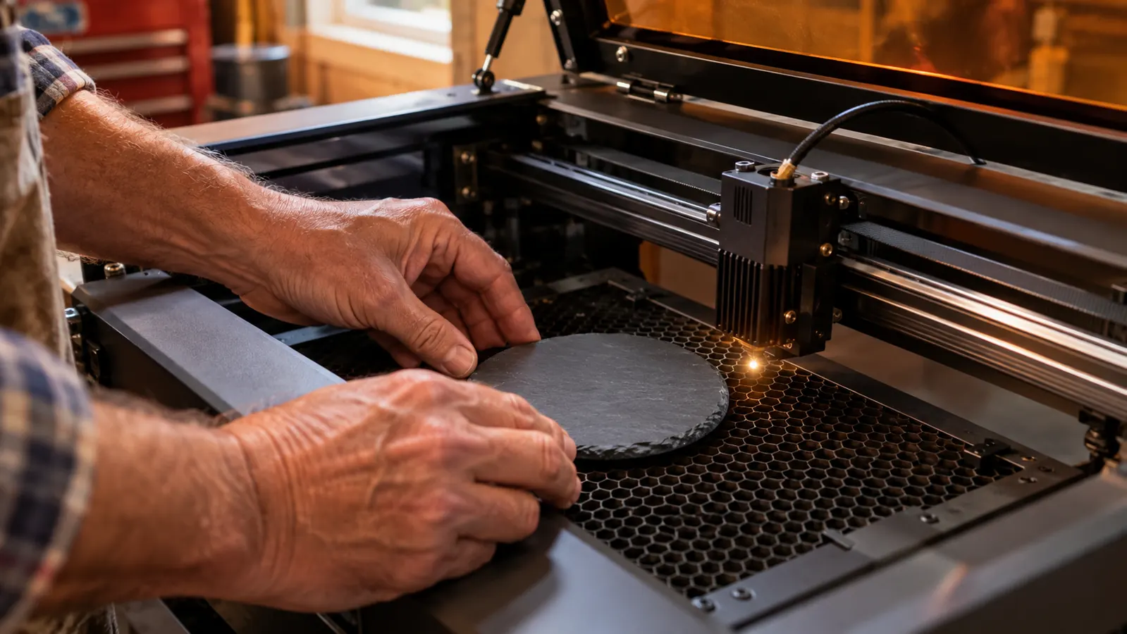 Close view of hands placing a round slate coaster onto the bed of a desktop diode laser engraver