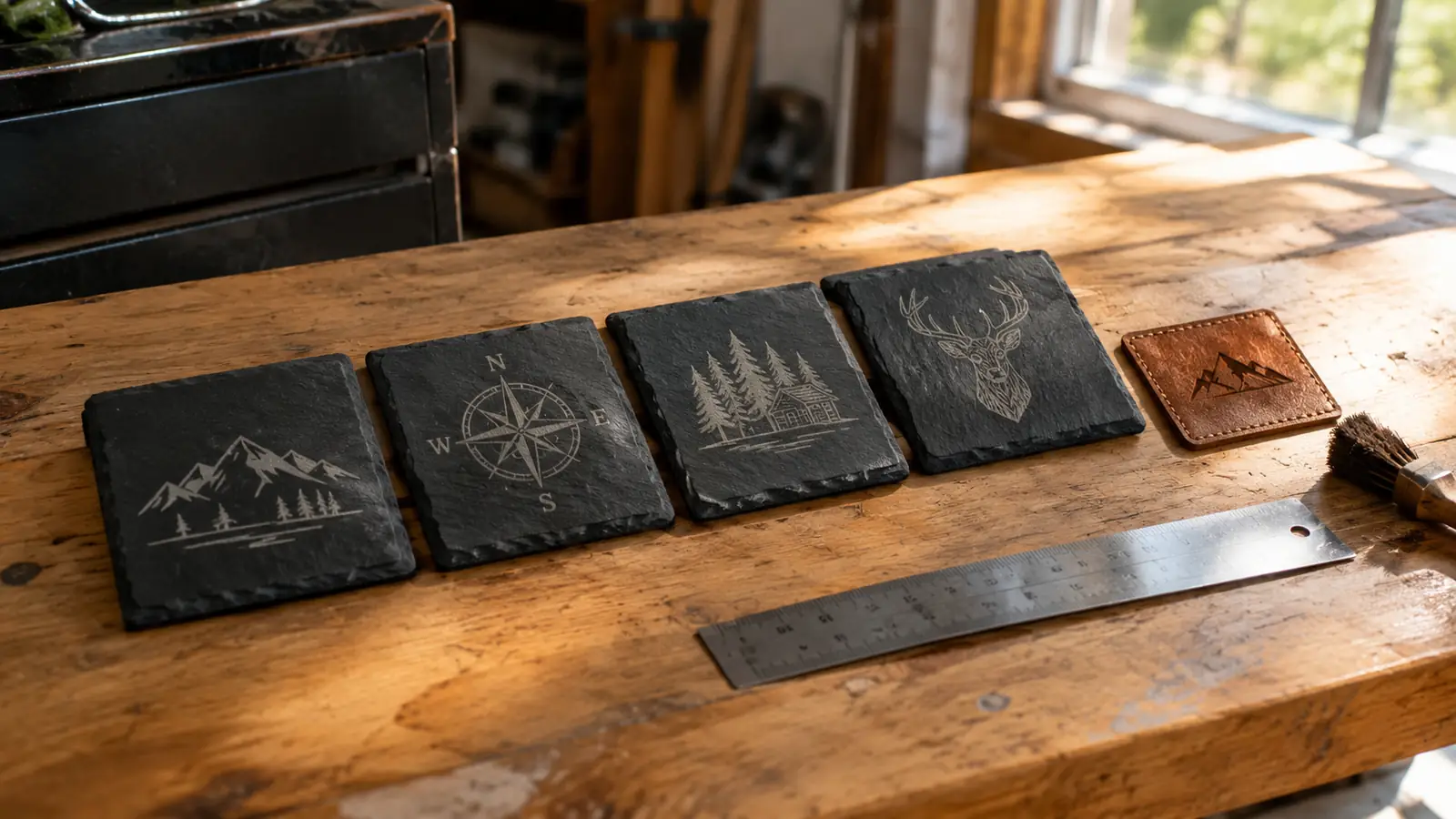 Finished engraved slate coasters and a small leather patch laid out on a wooden workbench