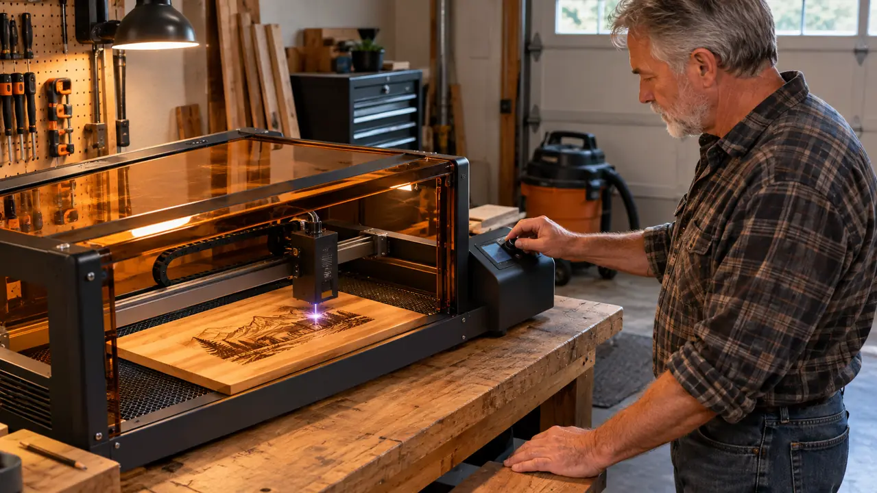 A man in his late fifties watching the laser engraver cut a name into a hardwood cutting board in a garage workshop