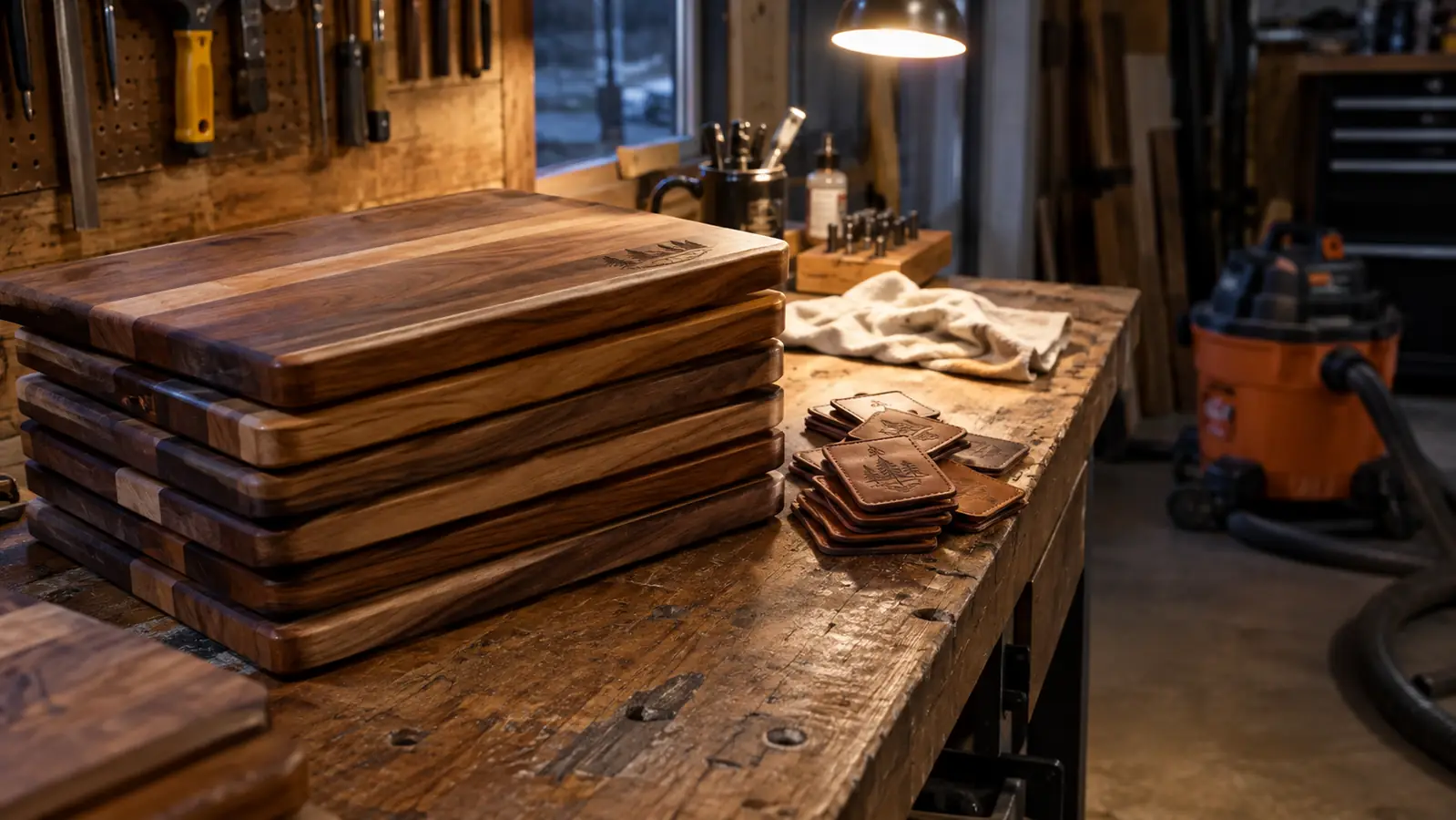 Finished engraved cutting boards and leather patches stacked on a workbench in a garage workshop