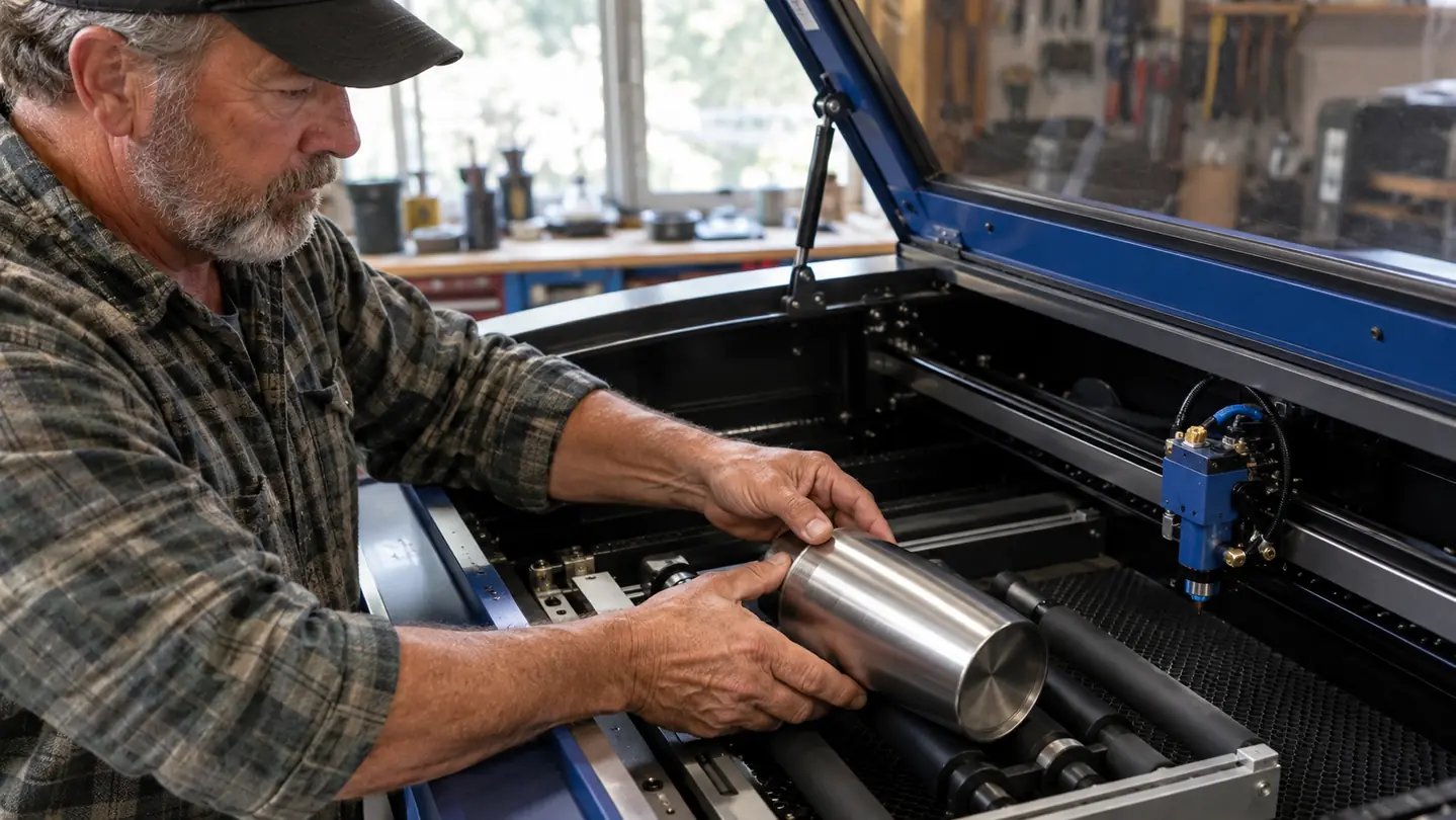 A man in his late fifties placing a stainless steel tumbler onto a rotary attachment inside a laser engraving machine
