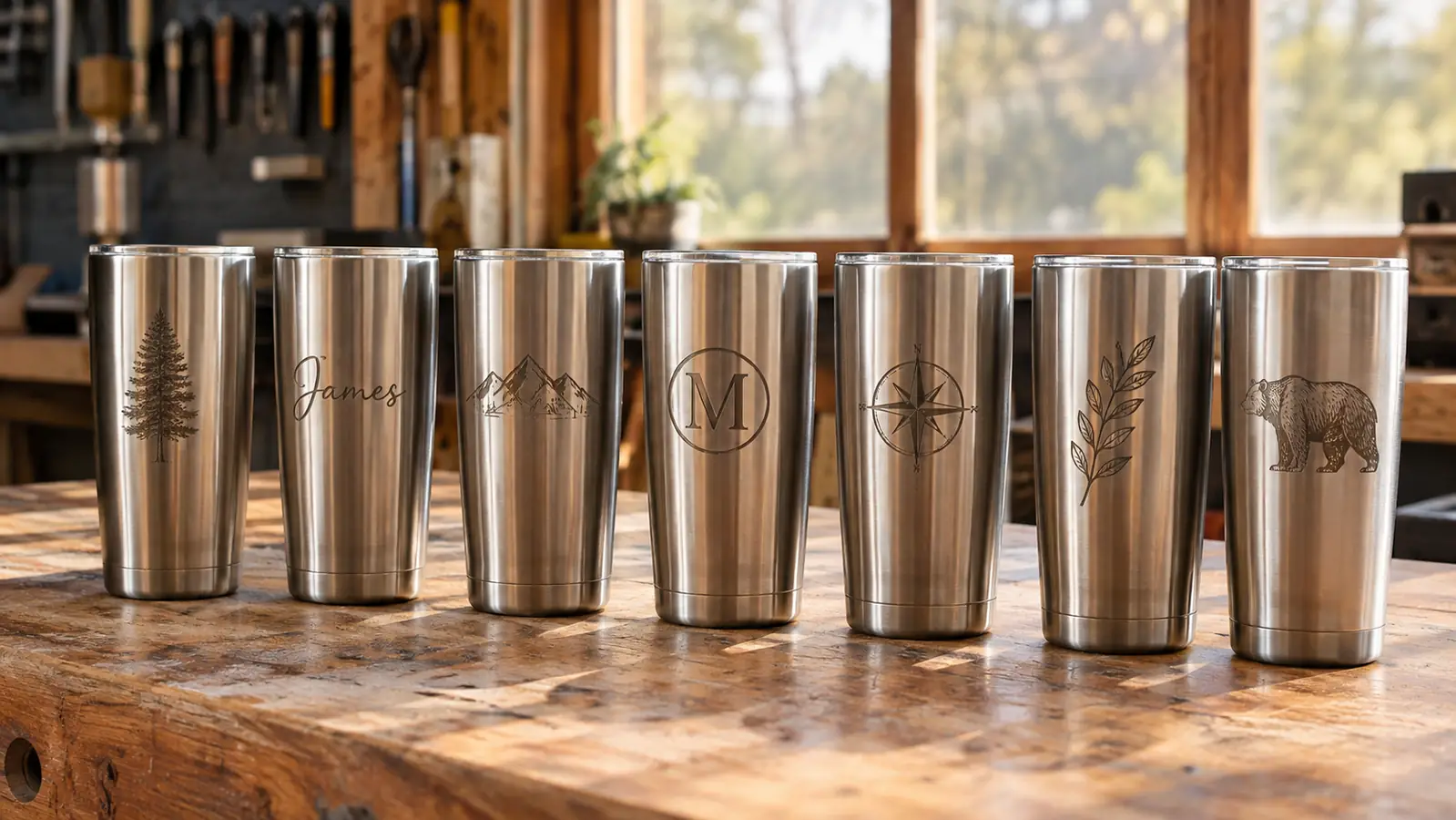 A row of engraved tumblers on a workbench, each with a different design, showing the variety a rotary attachment makes possible