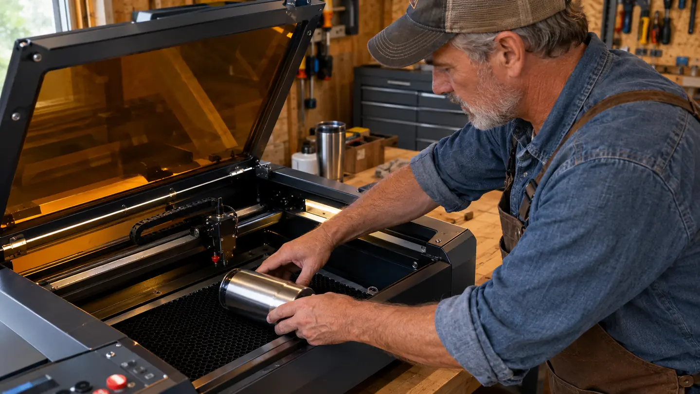 A man in his late fifties placing a stainless steel tumbler inside the open desktop laser engraver on a workbench