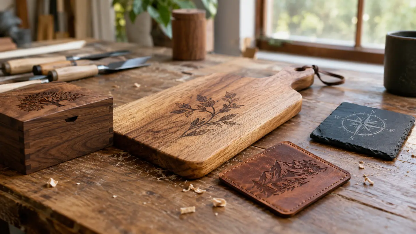 Finished engraved pieces on a workshop bench: a wooden cutting board with a carved design, a leather patch, and a slate coaster