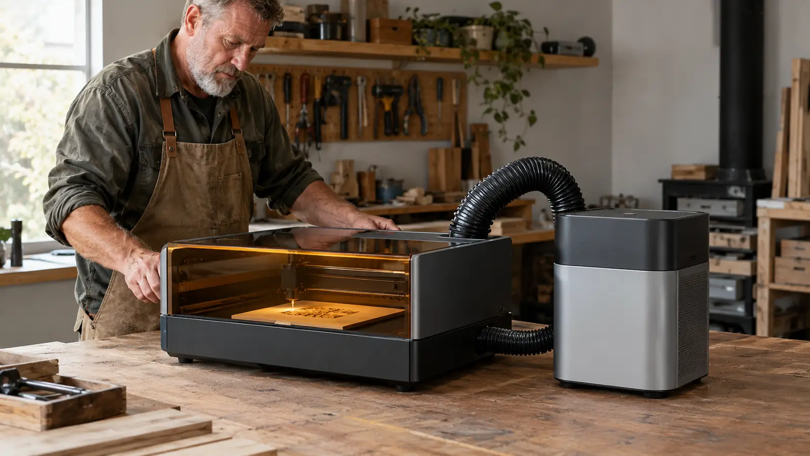 A desktop smoke purifier unit sitting next to a laser engraver, with the hose attached to the machine