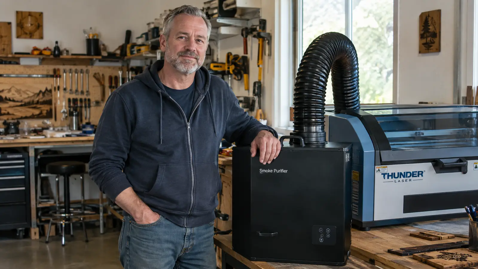 A man in his late fifties standing next to a desktop smoke purifier beside a laser engraver in a garage workshop