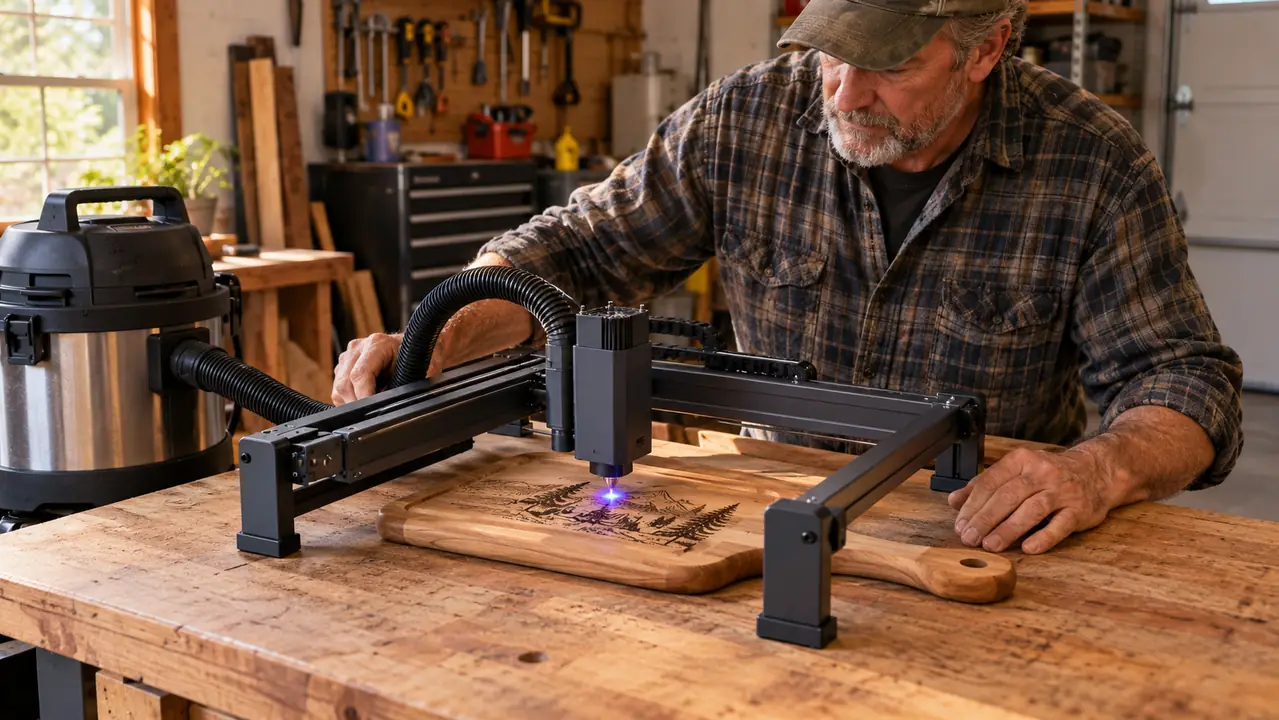 A laser engraver working on a wooden cutting board on a workbench, with a shop vac nearby