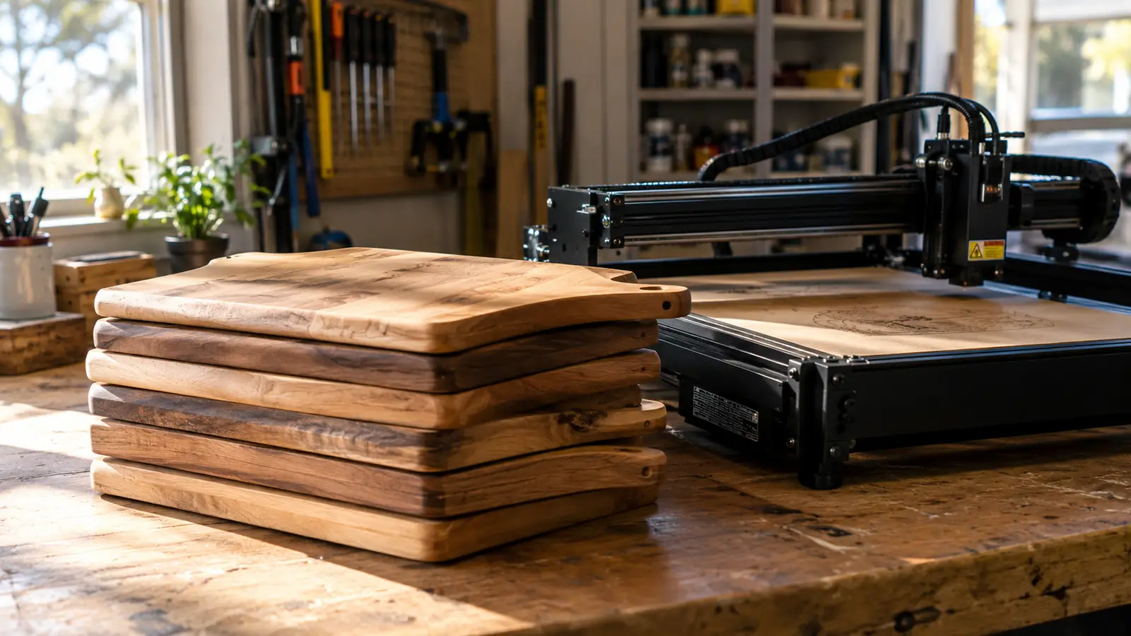 A stack of wooden cutting boards on a workbench next to a laser engraver