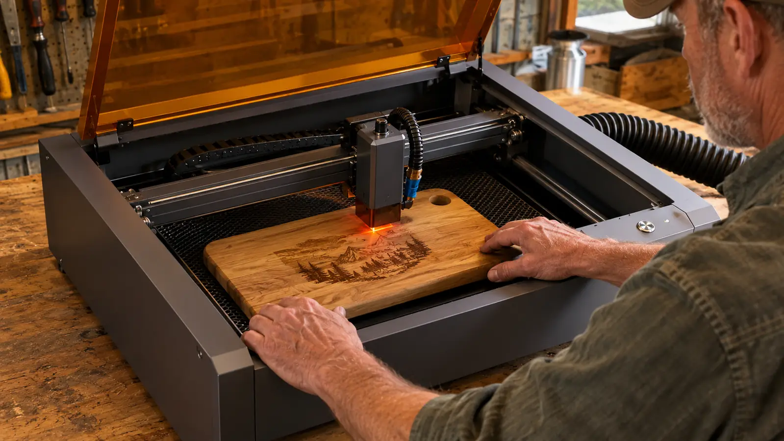 Close view of a desktop laser engraver running on a garage workbench, the laser head moving across a wooden cutting board inside the machine