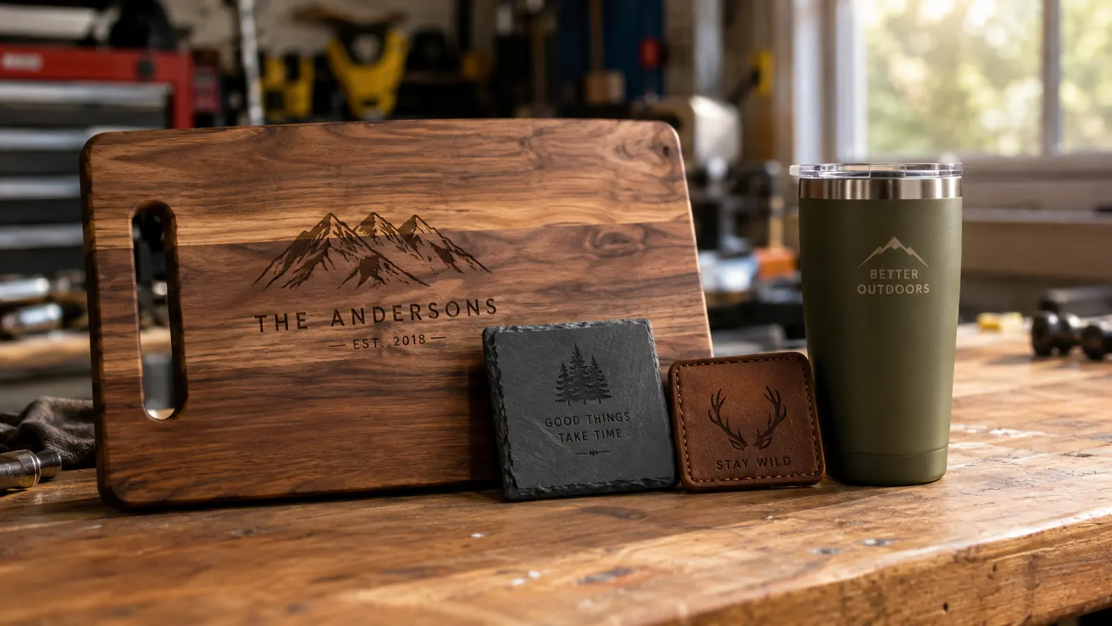 A stack of finished engraved items on a garage workbench: a wooden cutting board, a leather patch, a slate coaster, and a powder-coated tumbler