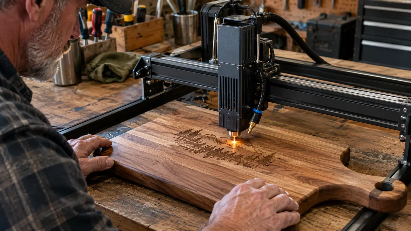 A diode laser engraver with an air assist nozzle working on a wooden cutting board on a workbench