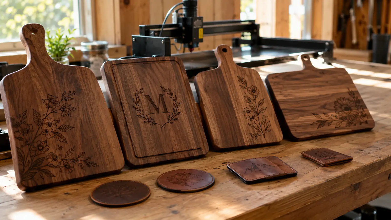 A row of finished laser-engraved walnut cutting boards and leather patches laid out on a garage workbench