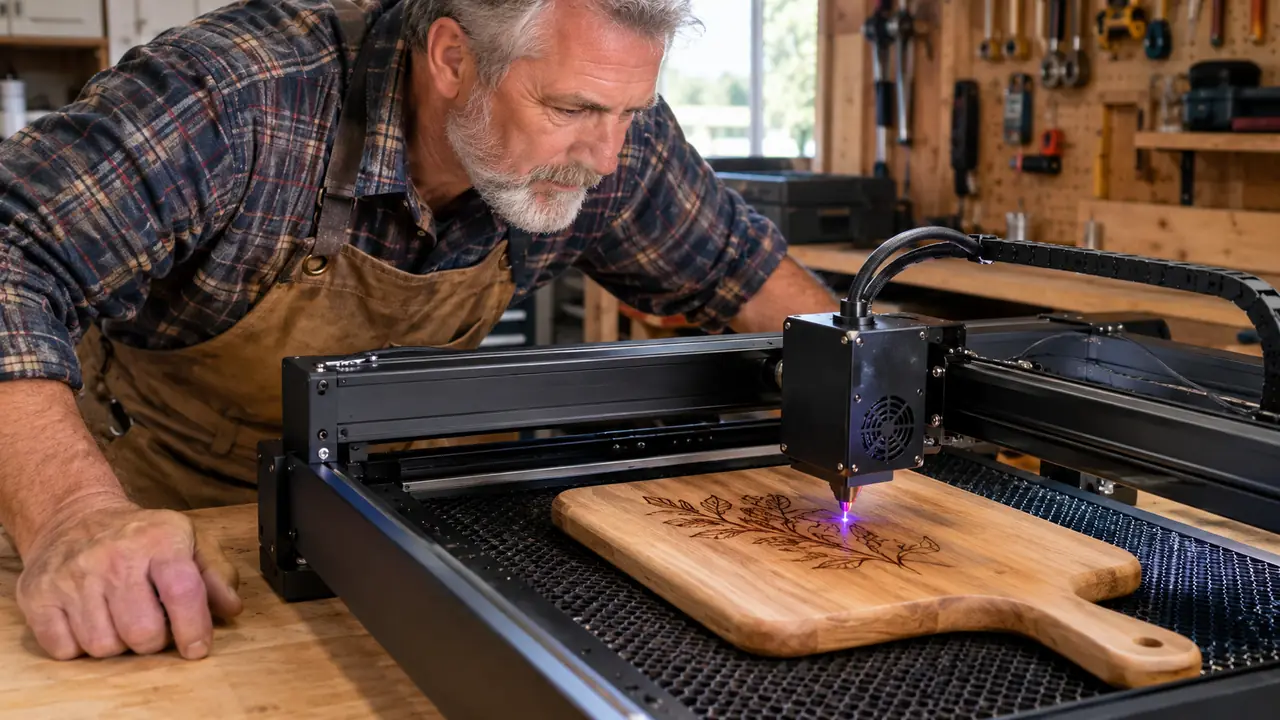 A man in his late fifties checking a laser engraving in progress on a wooden cutting board, the laser head moving over the surface