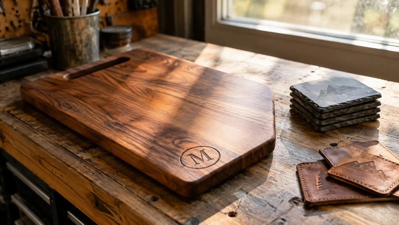 Engraved pieces on a garage workbench: a wooden cutting board with a monogram, a stack of slate coasters, and leather patches, warm afternoon light
