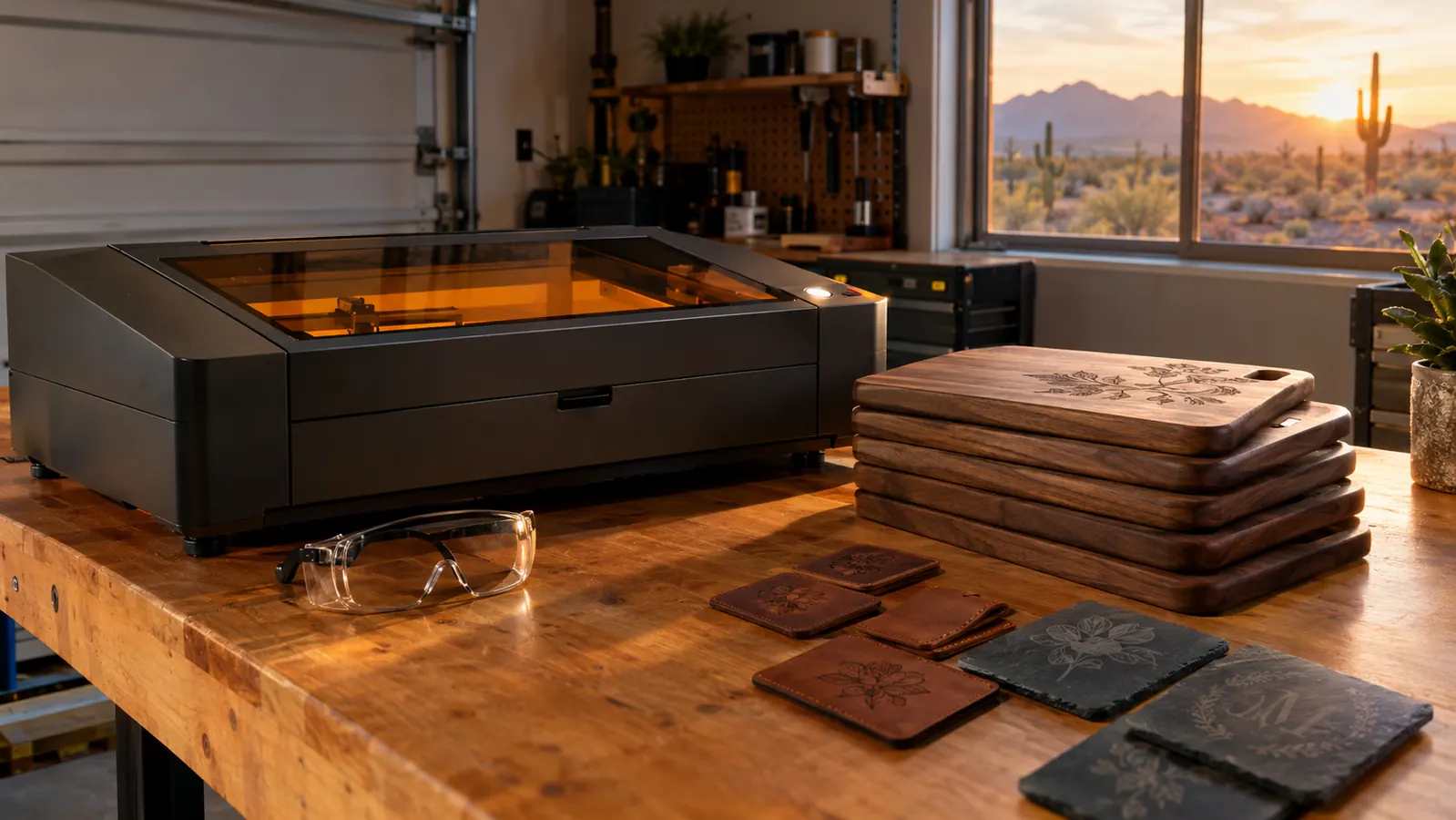 A desktop laser engraver on a garage workbench beside engraved walnut cutting boards, leather patches and slate coasters