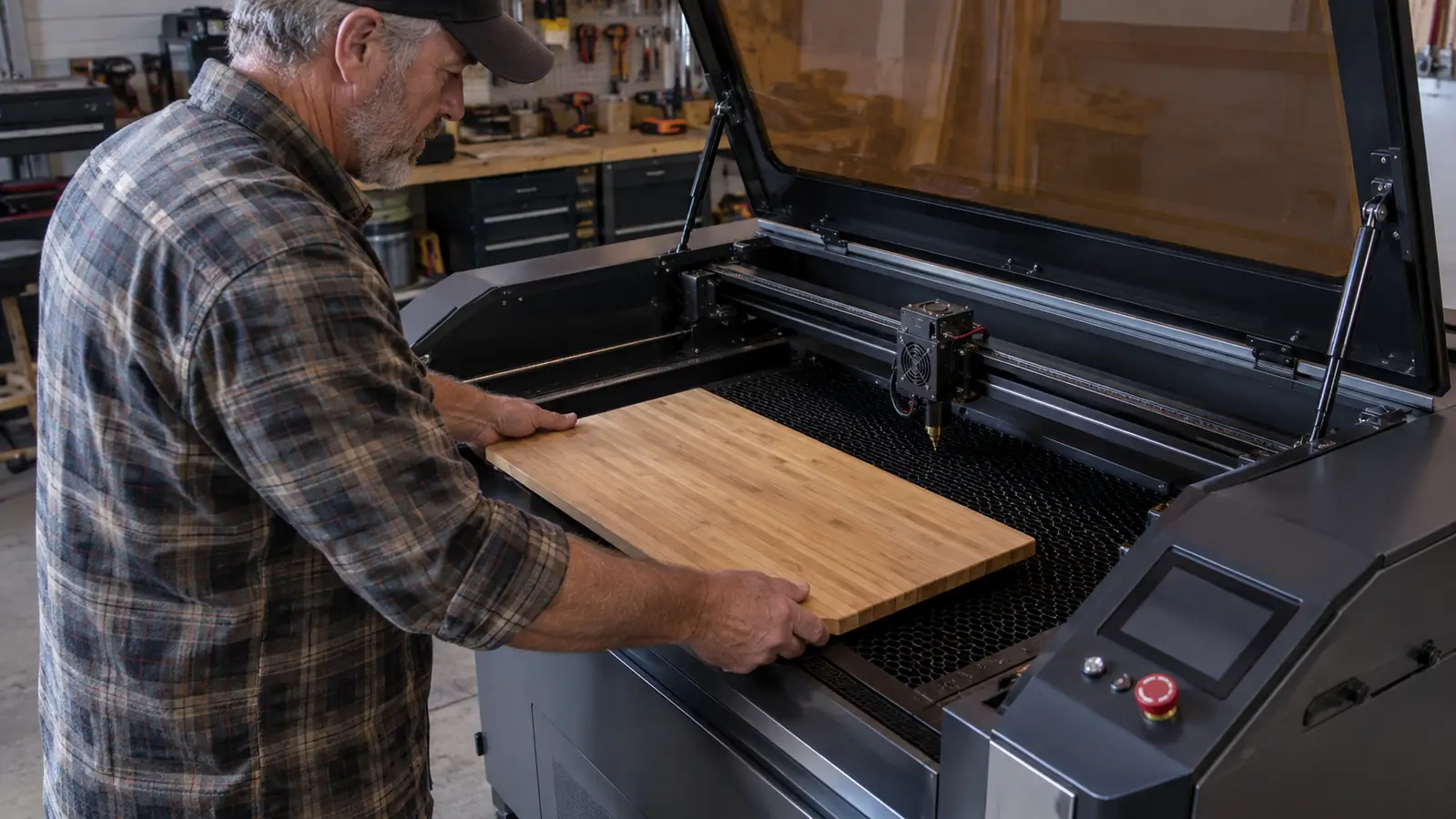 A man's hands placing a flat wooden cutting board inside an open laser engraver