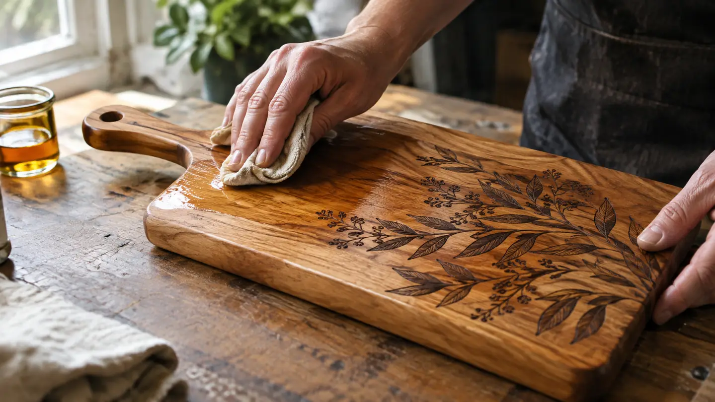 A finished wooden cutting board with an engraved pattern being wiped with oil on a workbench