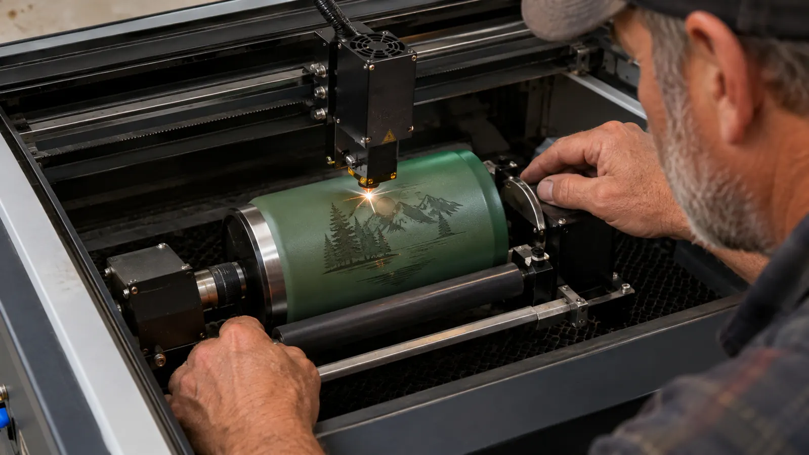 Close view of the rotary roller holding a tumbler inside the laser engraver, the lid removed, the laser head positioned above the curved surface