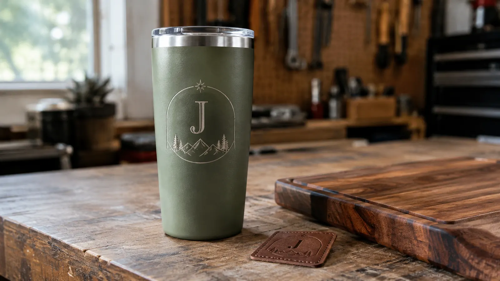 A finished powder-coated tumbler with an engraved name and a simple line design, sitting on a garage workbench beside a leather patch and a cutting board