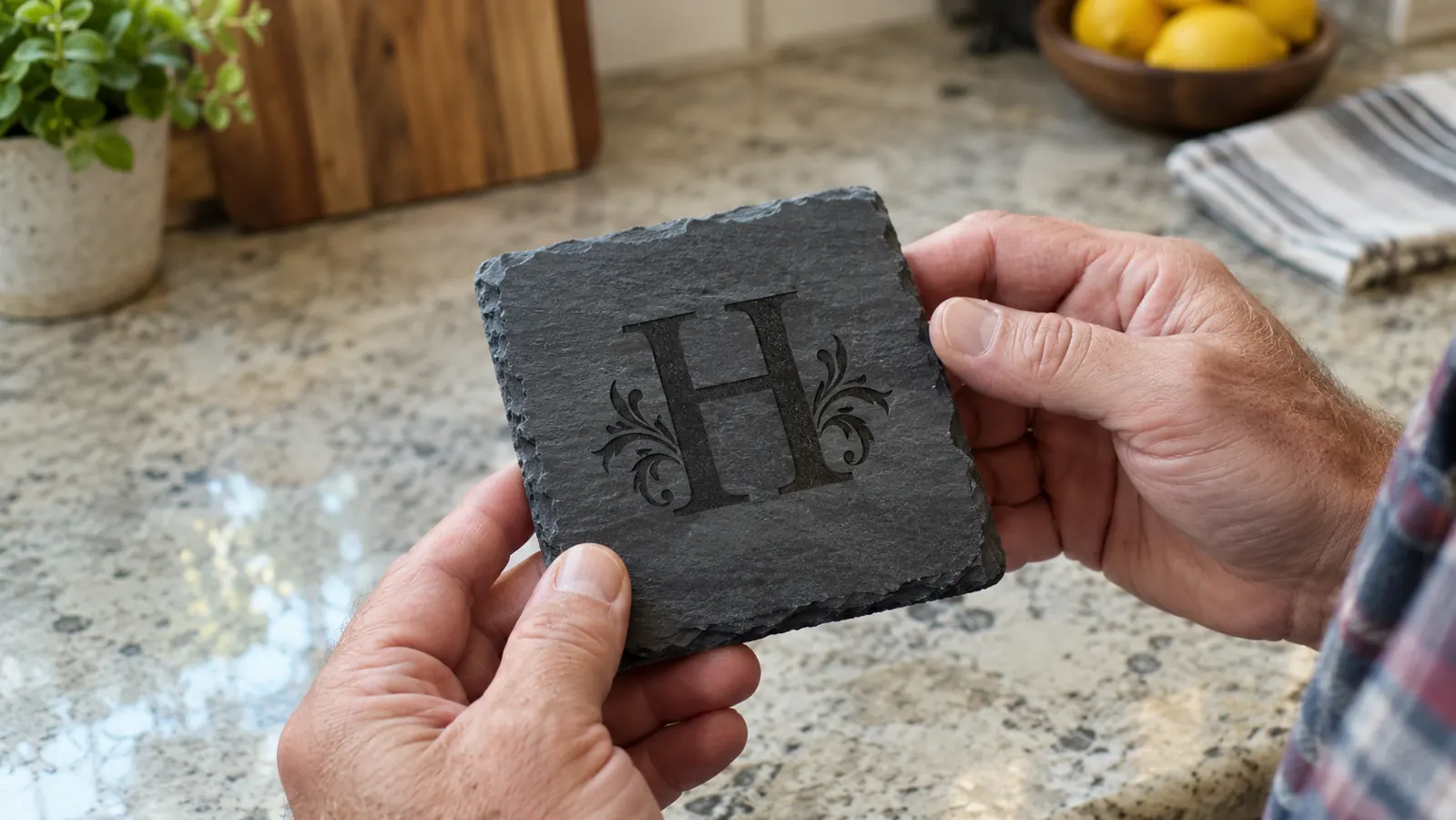 A hand holding a finished slate coaster with a monogram engraved in the center, next to a laser engraver on a kitchen counter