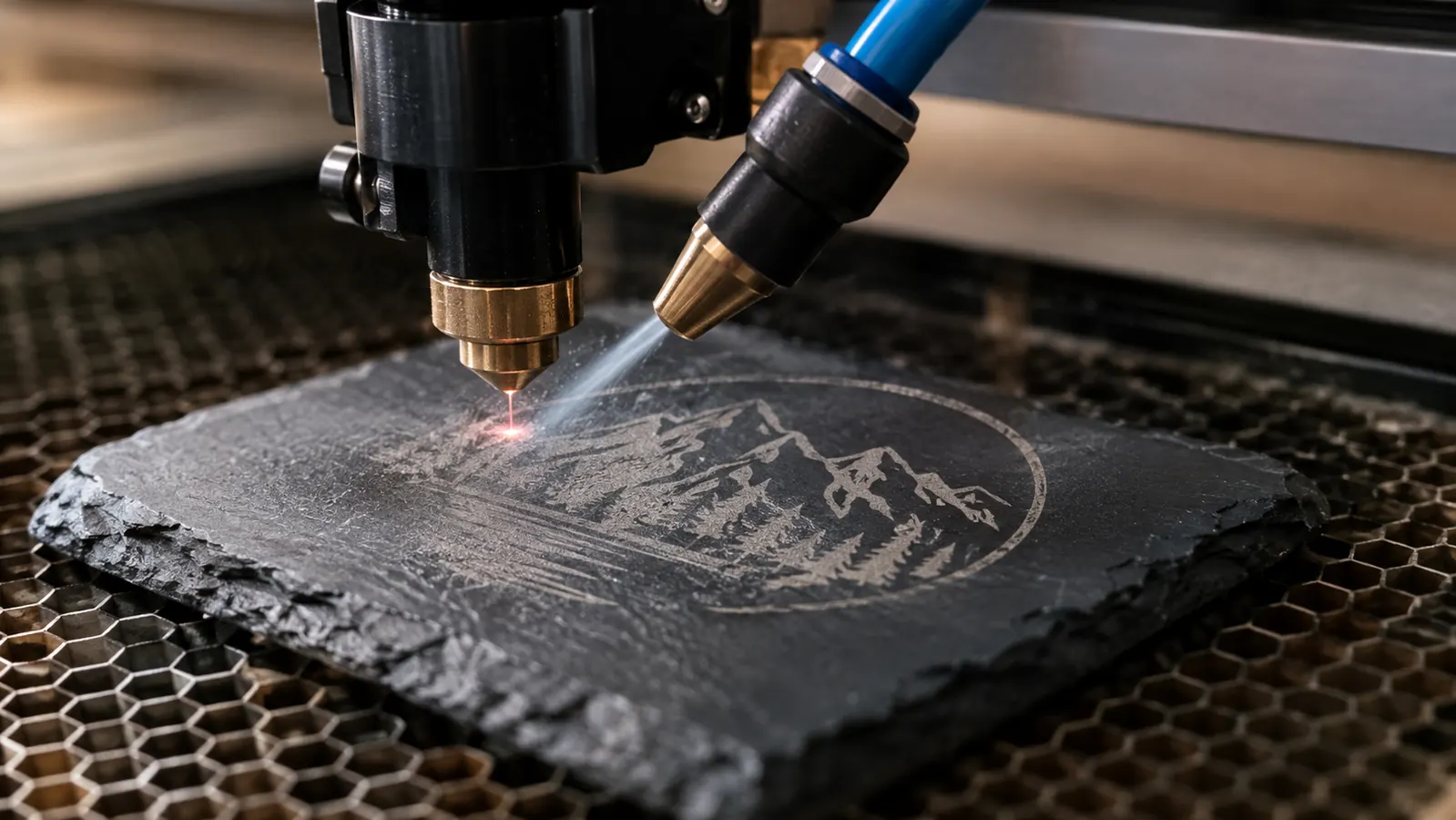 A close-up of a slate coaster being engraved, with a thin stream of air blowing across the surface and light engraving dust