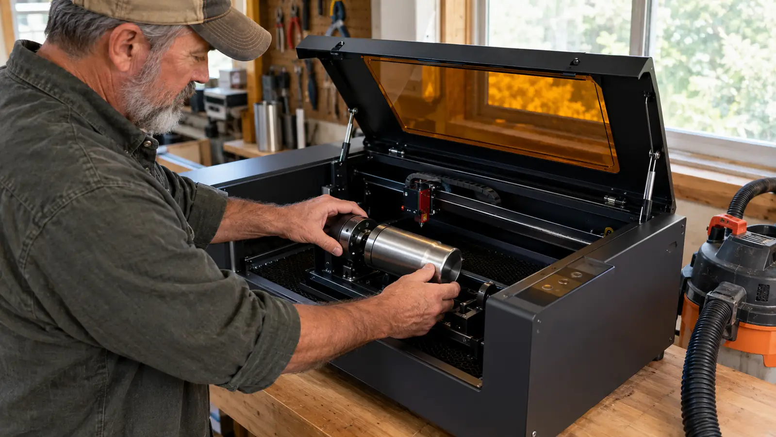 A man in his late fifties placing a stainless steel tumbler under the open lid of a desktop laser engraving machine