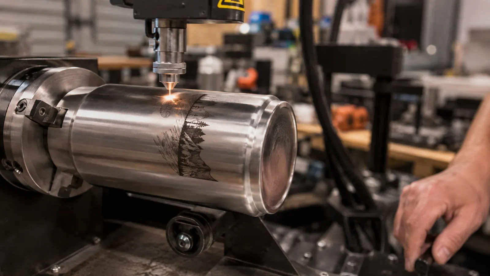A close view of a laser beam marking a dark design into the side of a stainless steel tumbler held in a rotary attachment
