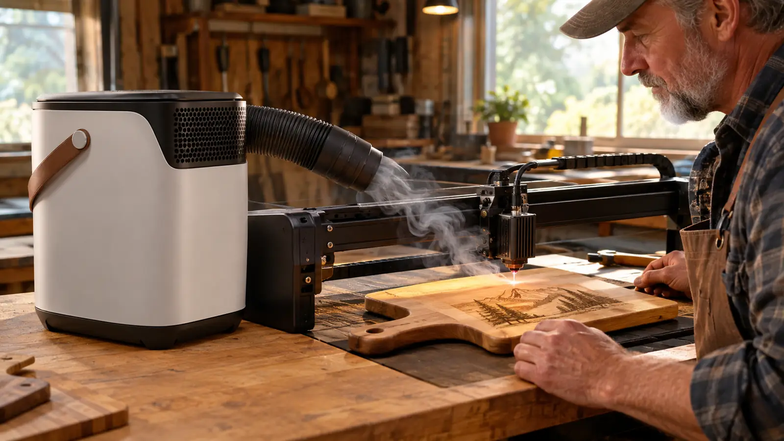 A desktop smoke purifier running beside a laser engraver during an engraving job, a wooden cutting board on the machine bed
