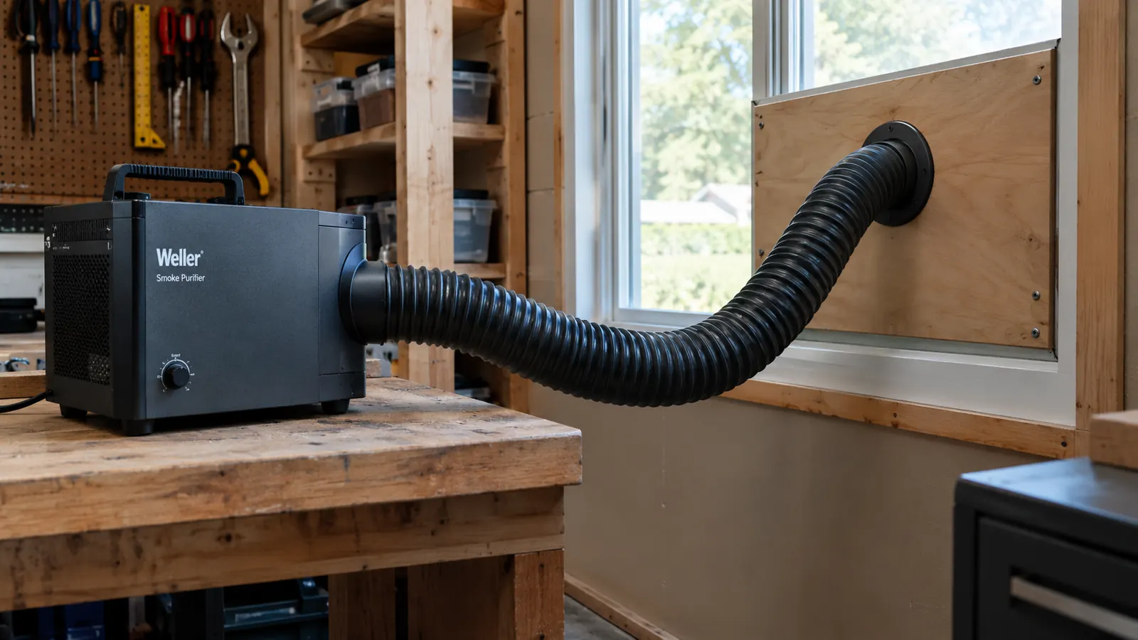 A flexible duct hose running from a desktop smoke purifier on a workbench to a plywood vent panel fitted in a garage window