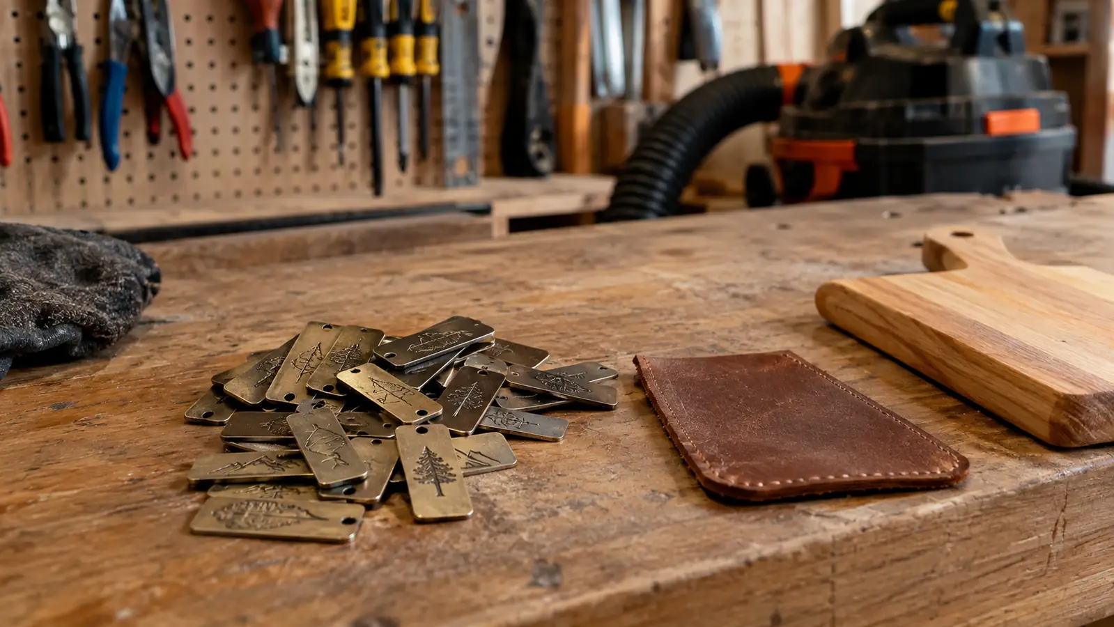 A small pile of engraved metal tags on a wooden workbench beside a leather patch and a small cutting board