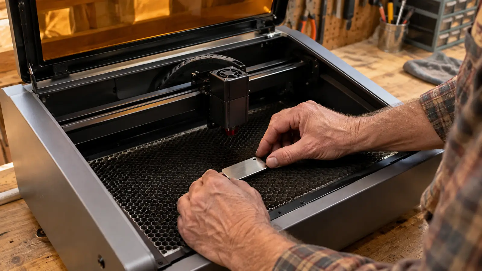 Hands placing a small stainless steel tag inside an open desktop laser engraving machine on a workbench