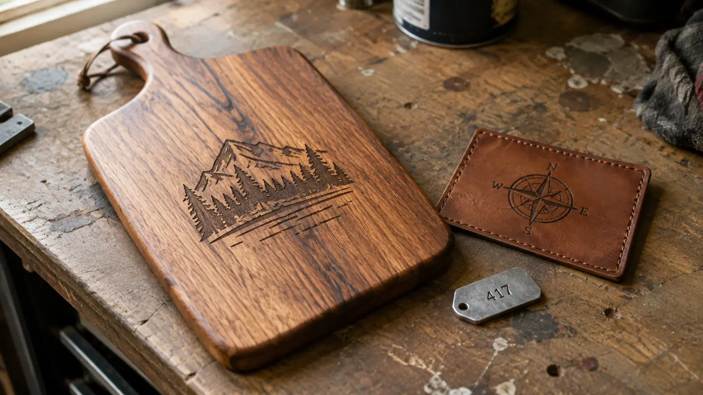 An engraved cutting board, a leather patch, and a small metal tag laid out on a garage workbench