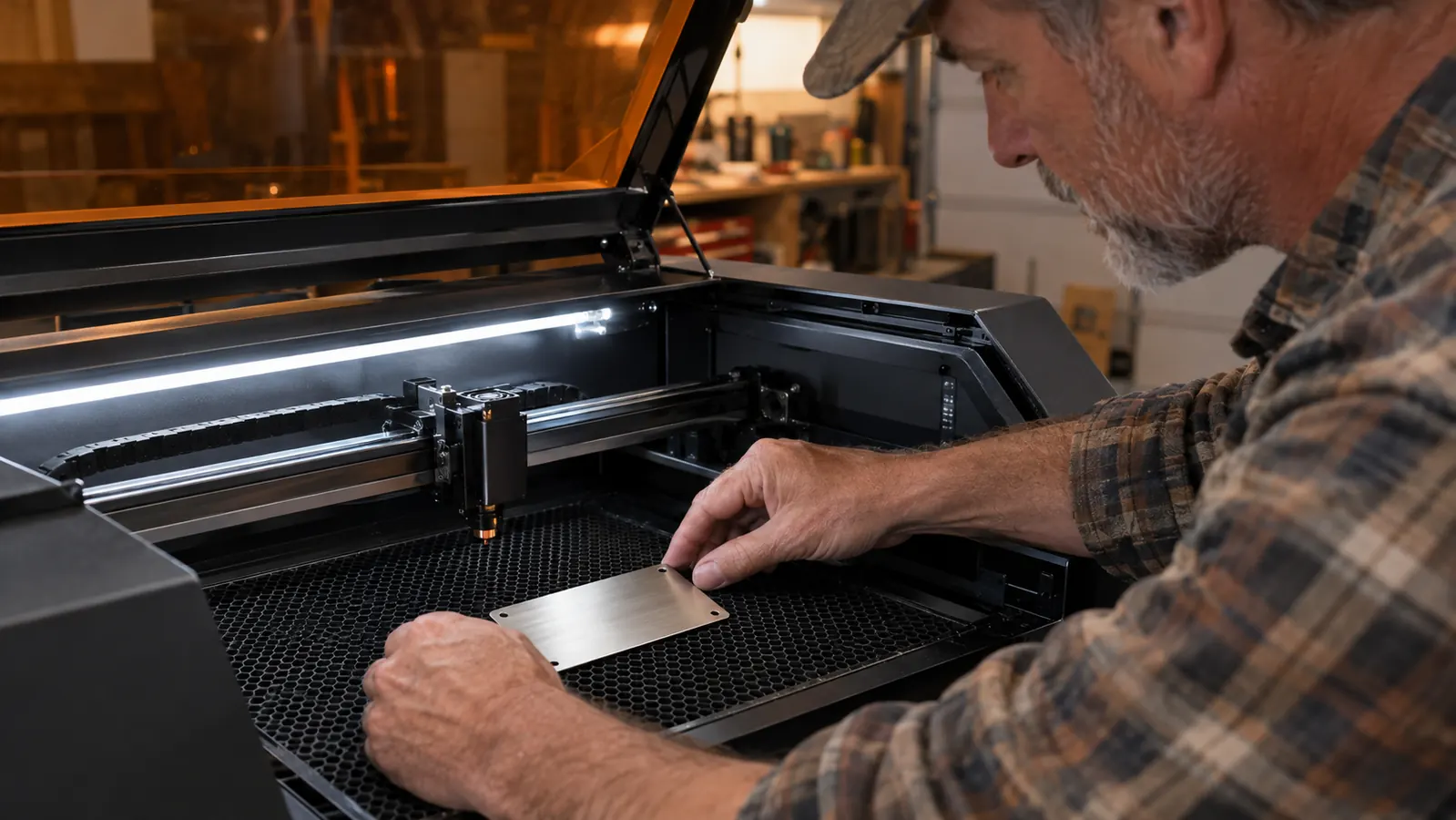 A man's hands positioning a small stainless steel nameplate inside the open lid of a desktop laser engraver