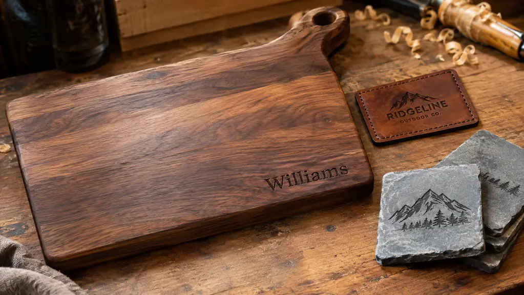 Engraved wooden cutting boards, a leather patch and stone coasters laid out on a workbench after finishing