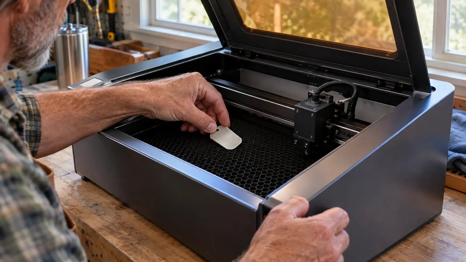 A hand placing a stainless steel dog tag into a desktop laser engraver with the lid open