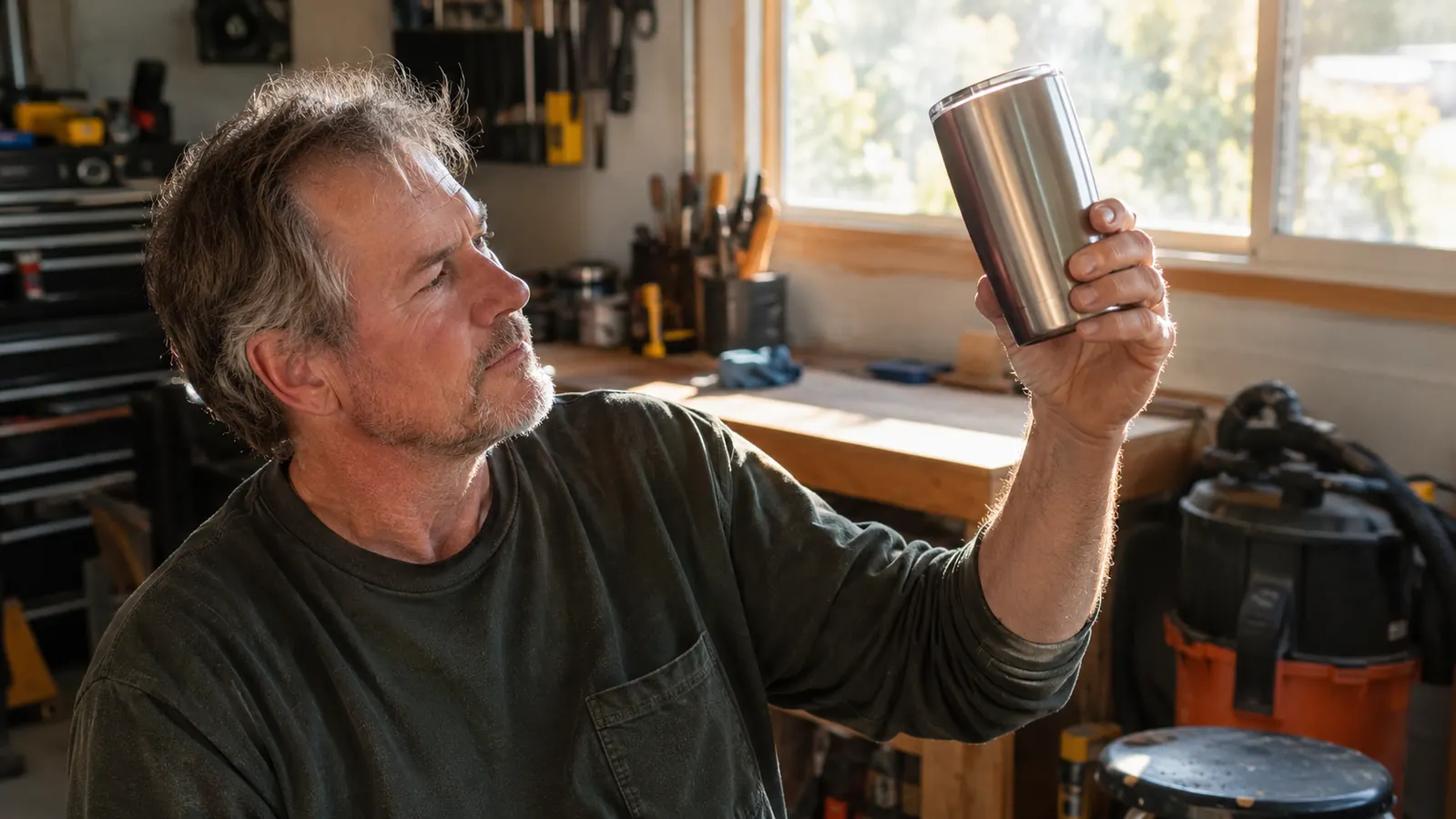 A man in his late fifties holding up a finished stainless steel tumbler to the light in a garage workshop