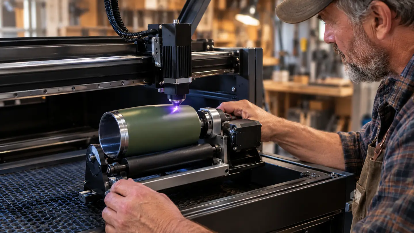 A tumbler mounted on a rotary roller attachment inside a laser engraver, the laser head working on the curved surface