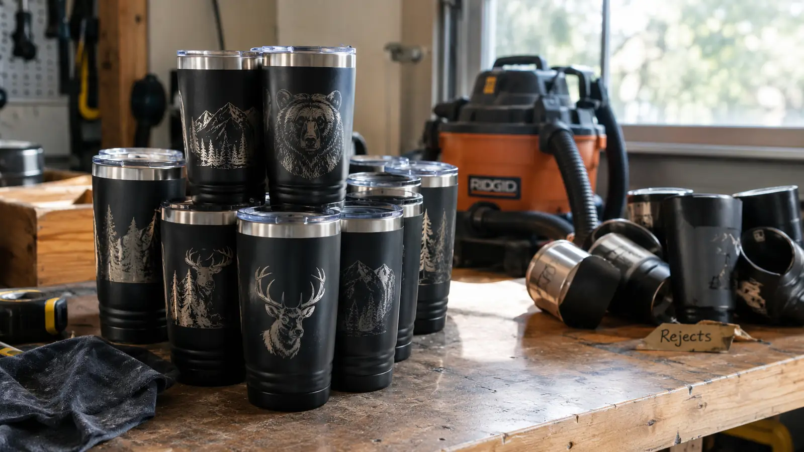 A stack of finished engraved tumblers on a garage workbench next to a small pile of rejected ones