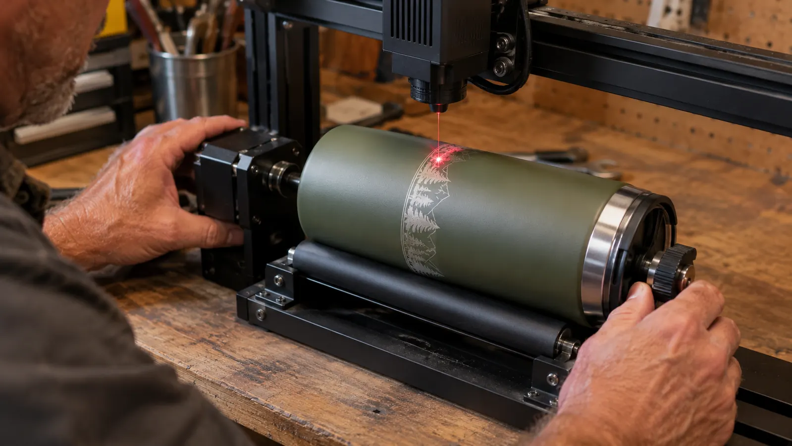 Close view of a powder-coated tumbler held in a rotary attachment while a laser engraves a band around the middle of the cup
