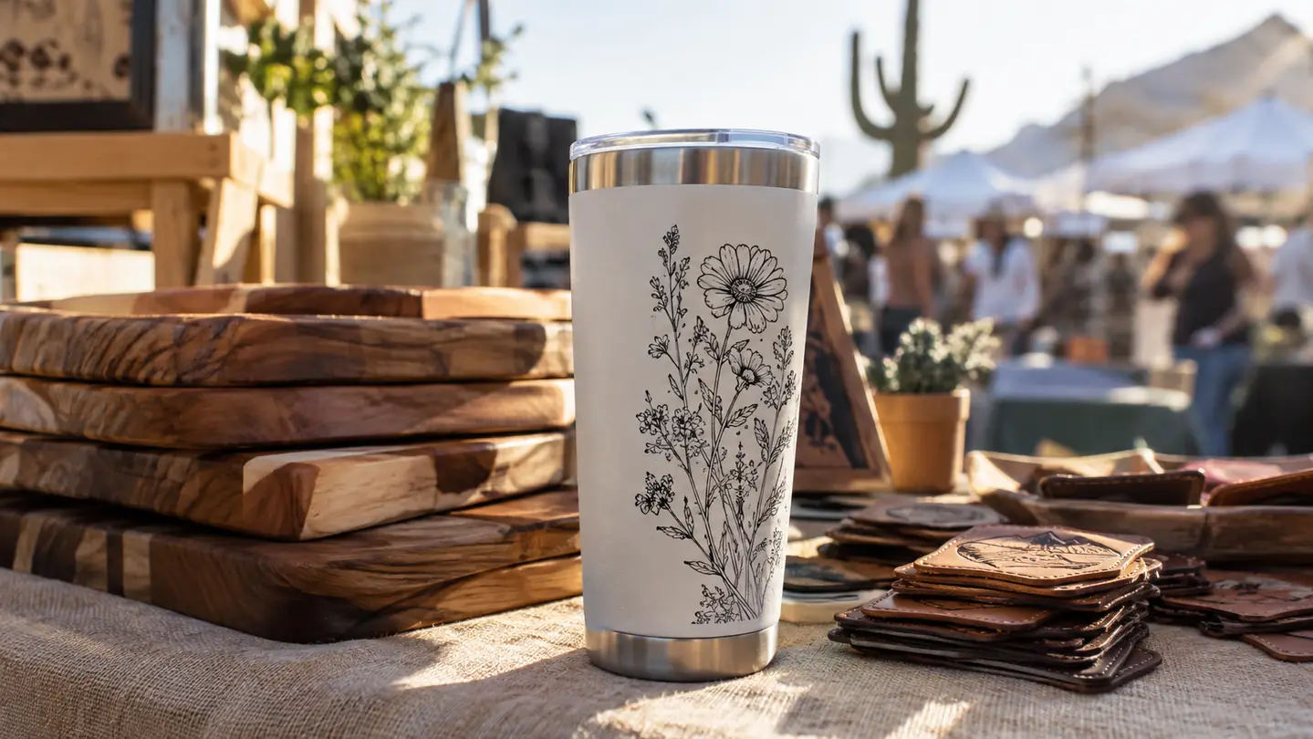A finished engraved tumbler sitting on a craft fair table beside stacked cutting boards and leather patches