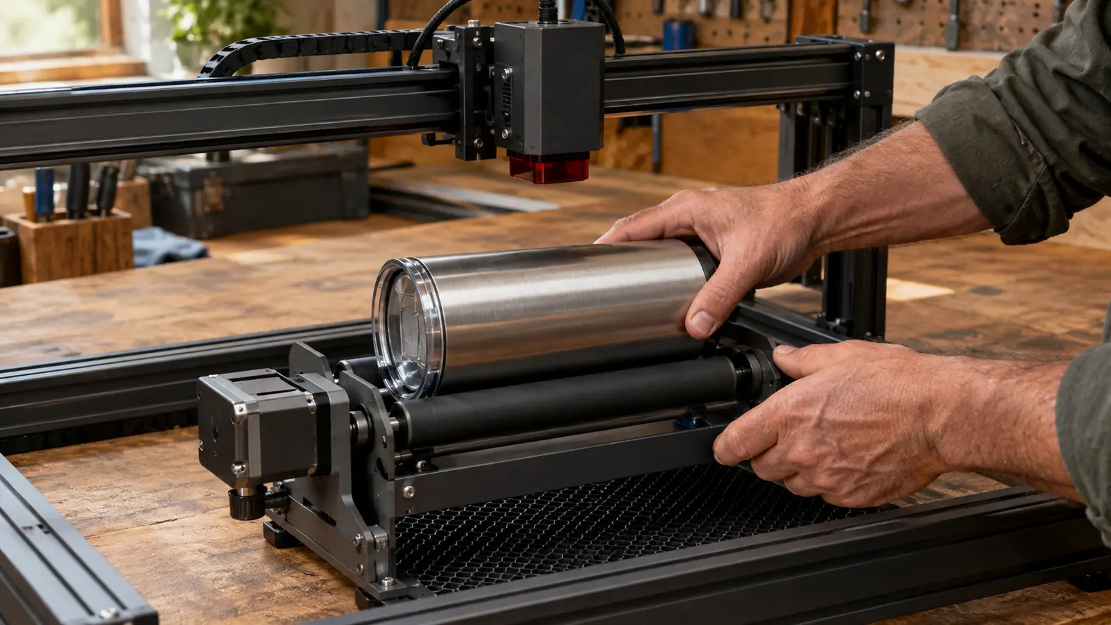 A hand placing a tumbler onto the rollers of a rotary attachment in front of a laser engraver