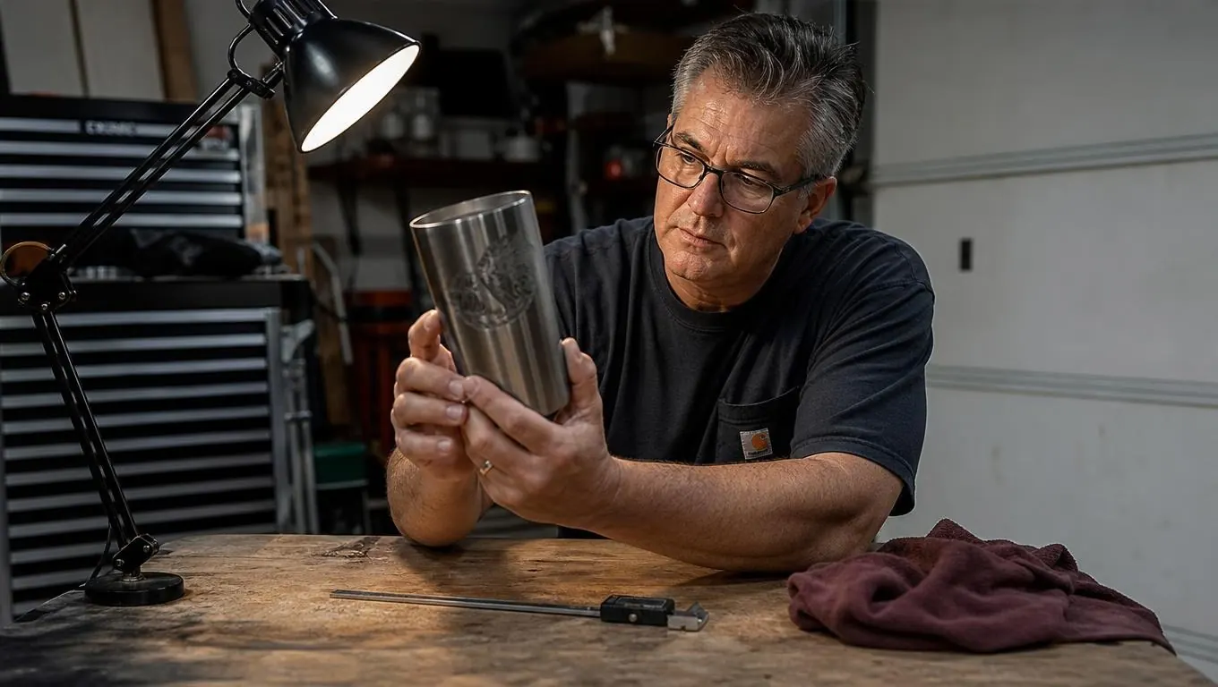 A man in his late fifties checking a finished engraved tumbler under a work light, a caliper on the bench beside him
