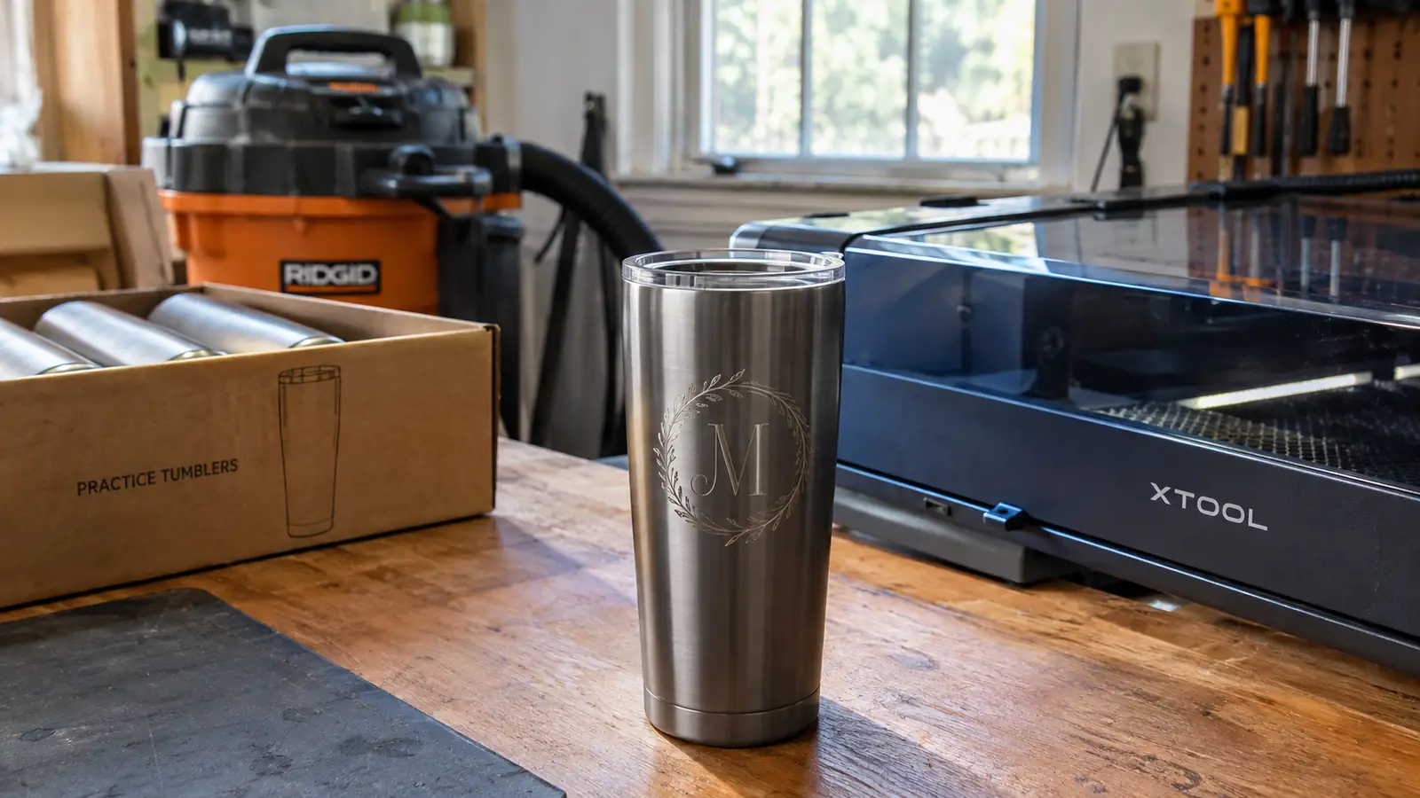A finished engraved tumbler with a fine-line monogram on a workshop bench beside a laser engraver.