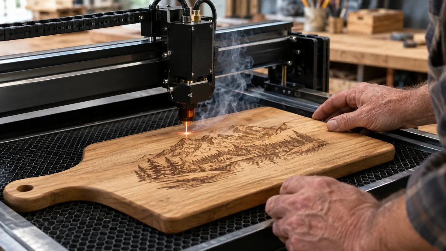 A close view of a laser engraver head working over a wooden cutting board with fine smoke wisps rising