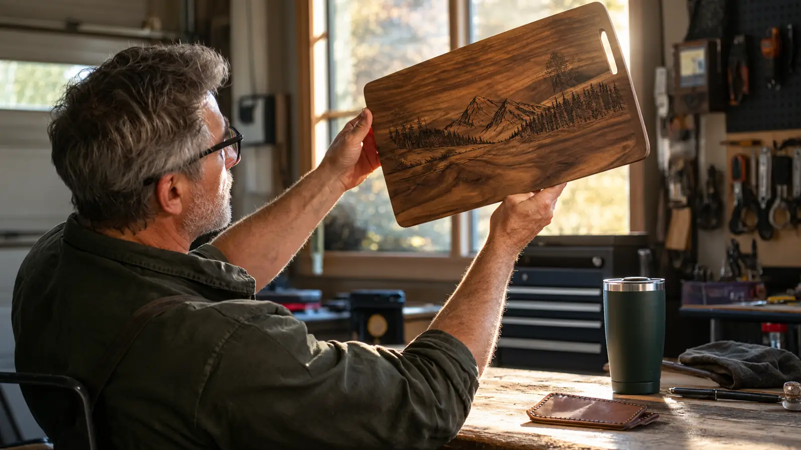 A man in his late fifties checking a finished engraved cutting board at a workbench, a leather patch and a tumbler beside it
