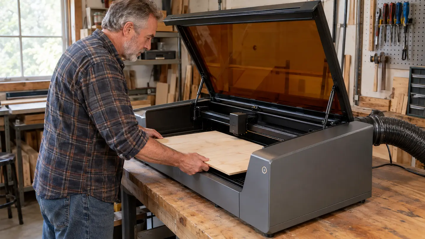 A man in his late fifties placing a wooden board inside an open enclosed laser engraving machine on a garage workbench