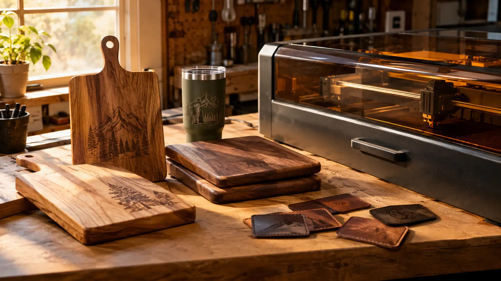 A garage workbench with finished engraved cutting boards, leather patches and a tumbler displayed beside the enclosed laser machine