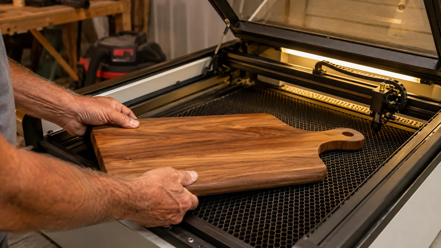 hands placing a wooden cutting board into a diode laser cutter on a garage workbench