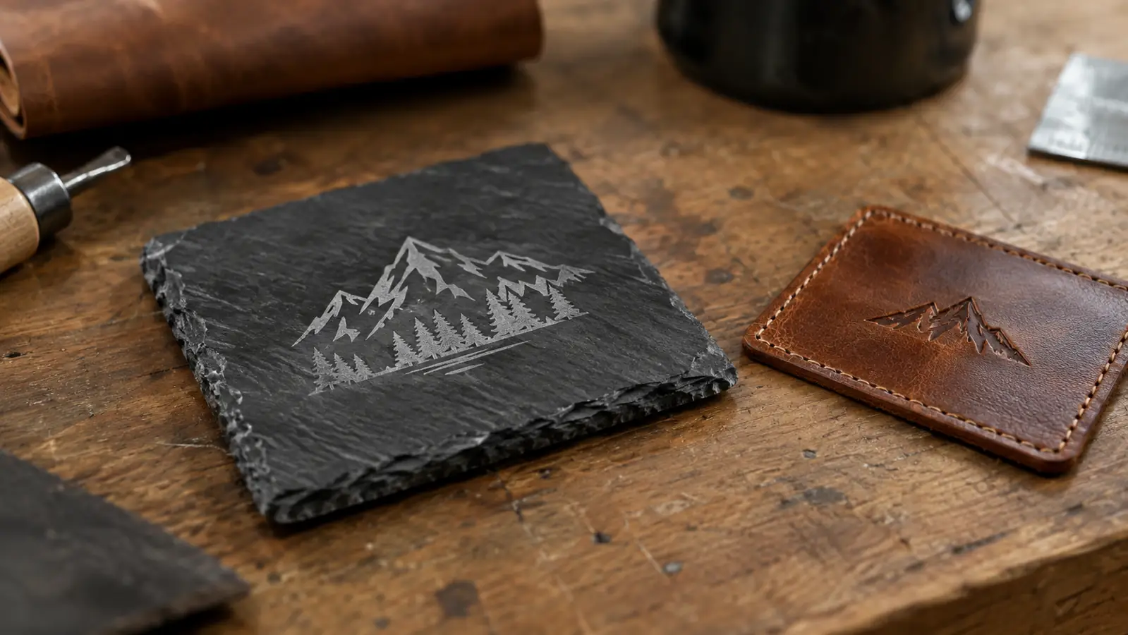 an engraved slate coaster and a leather patch on a garage workbench