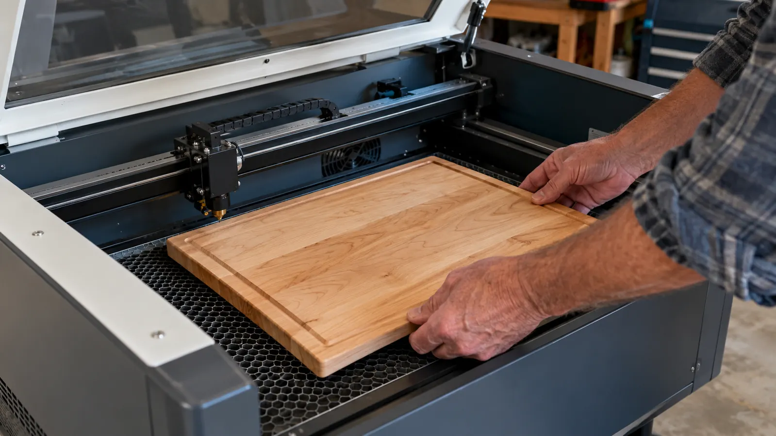 Close view of gloved hands placing a maple cutting board onto the work grate inside the open laser machine.